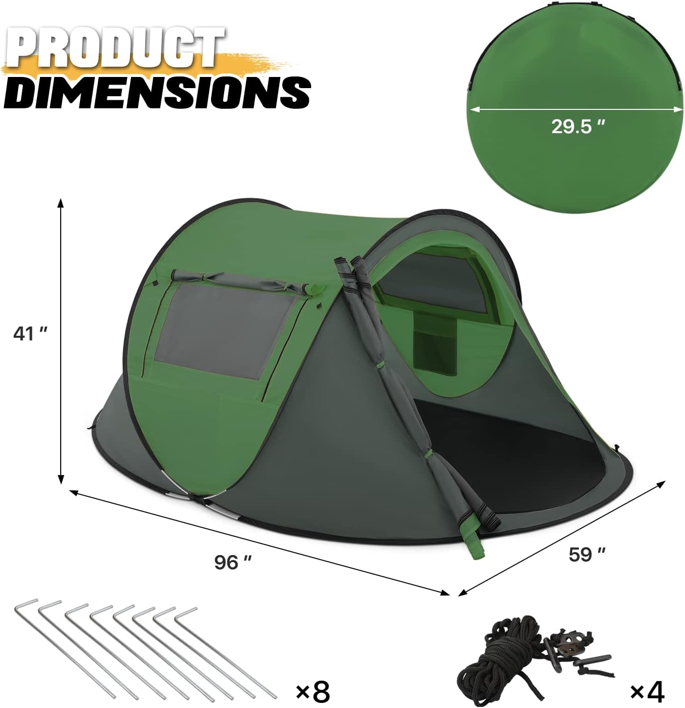 Pop Up Tent 2 Person for Camping Waterproof Outdoor Easy Set Up Automatic Family Travel Tent, 2 Doors and Side Windows Instant Easy Popup Beach Tent with Carry Bag, Yellow - Image 2