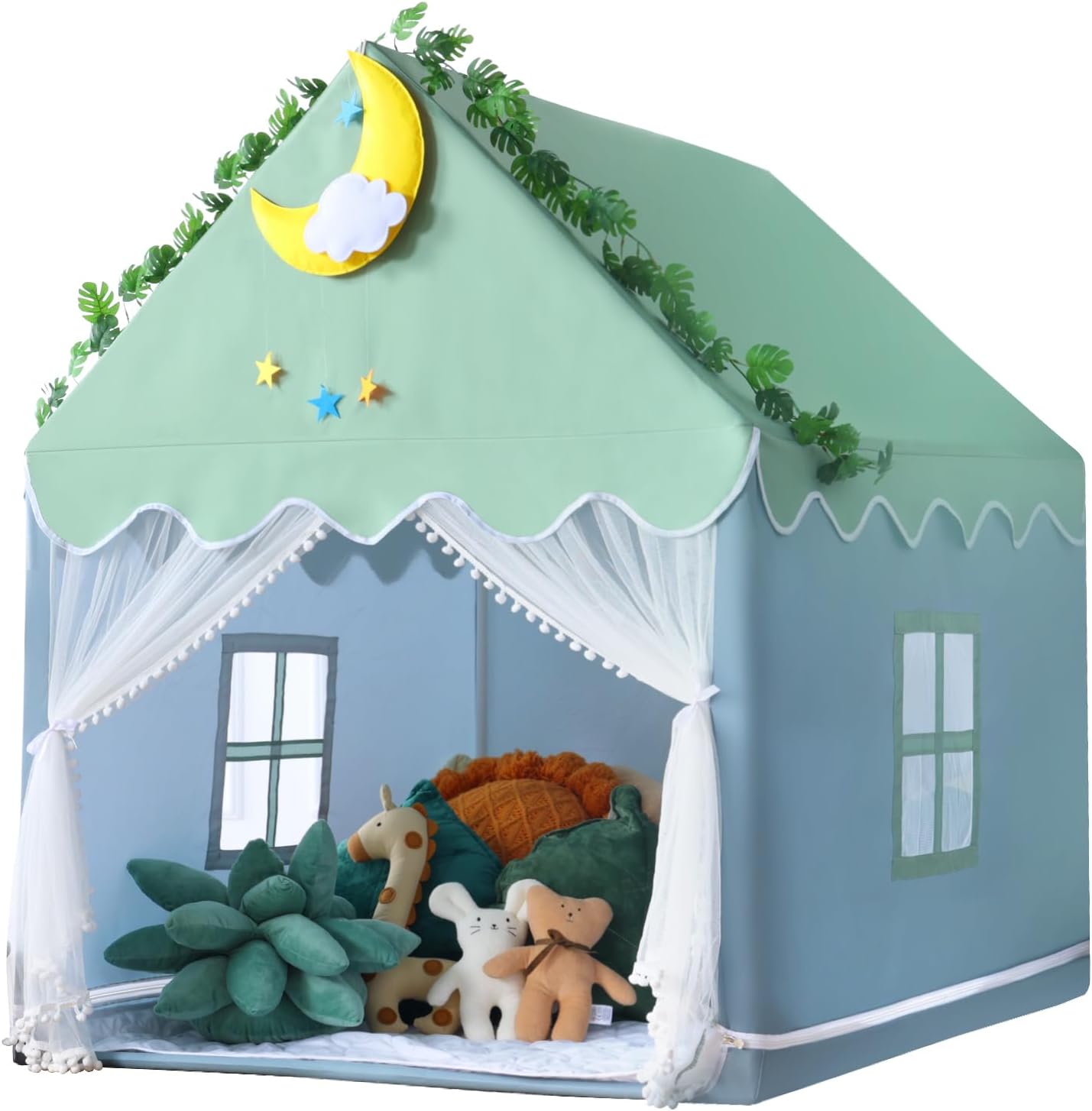 Kid Tent with Mat, Star Lights - Kids Play Tents for Toddlers Kids Tents Indoor Playhouse - Princess Tent for Girls Toy House Gift (Green with Mesh)