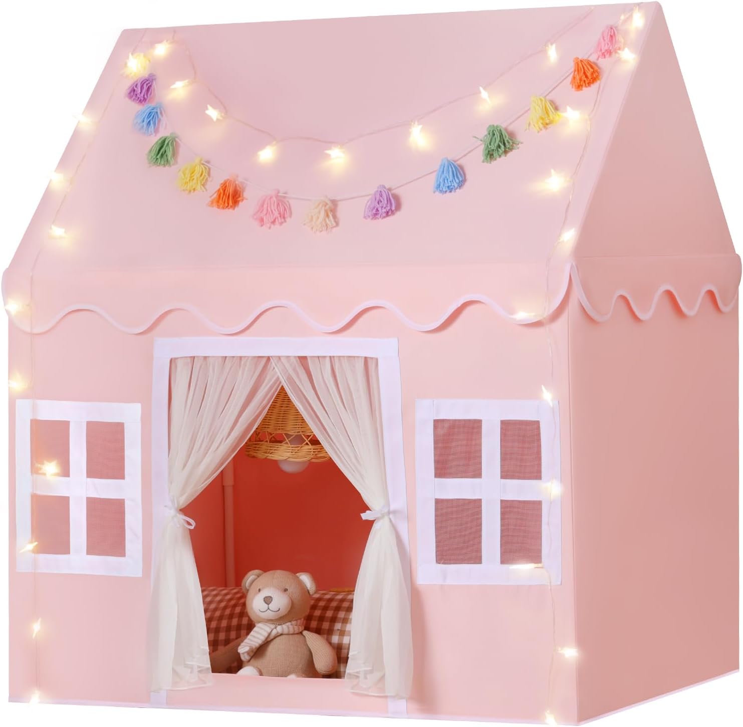 Kids Play Tent Indoor: with Mat, Tassel Garland, Star Lights - Pink Girl Tent Playhouse for Toddlers Kids Toys for Boy Girl Birthday Gift for Kids