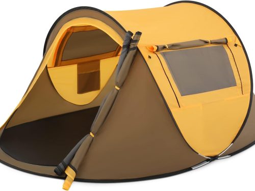 Pop Up Tent 2 Person for Camping Waterproof Outdoor Easy Set Up Automatic Family Travel Tent, 2 Doors and Side Windows Instant Easy Popup Beach Tent with Carry Bag, Yellow