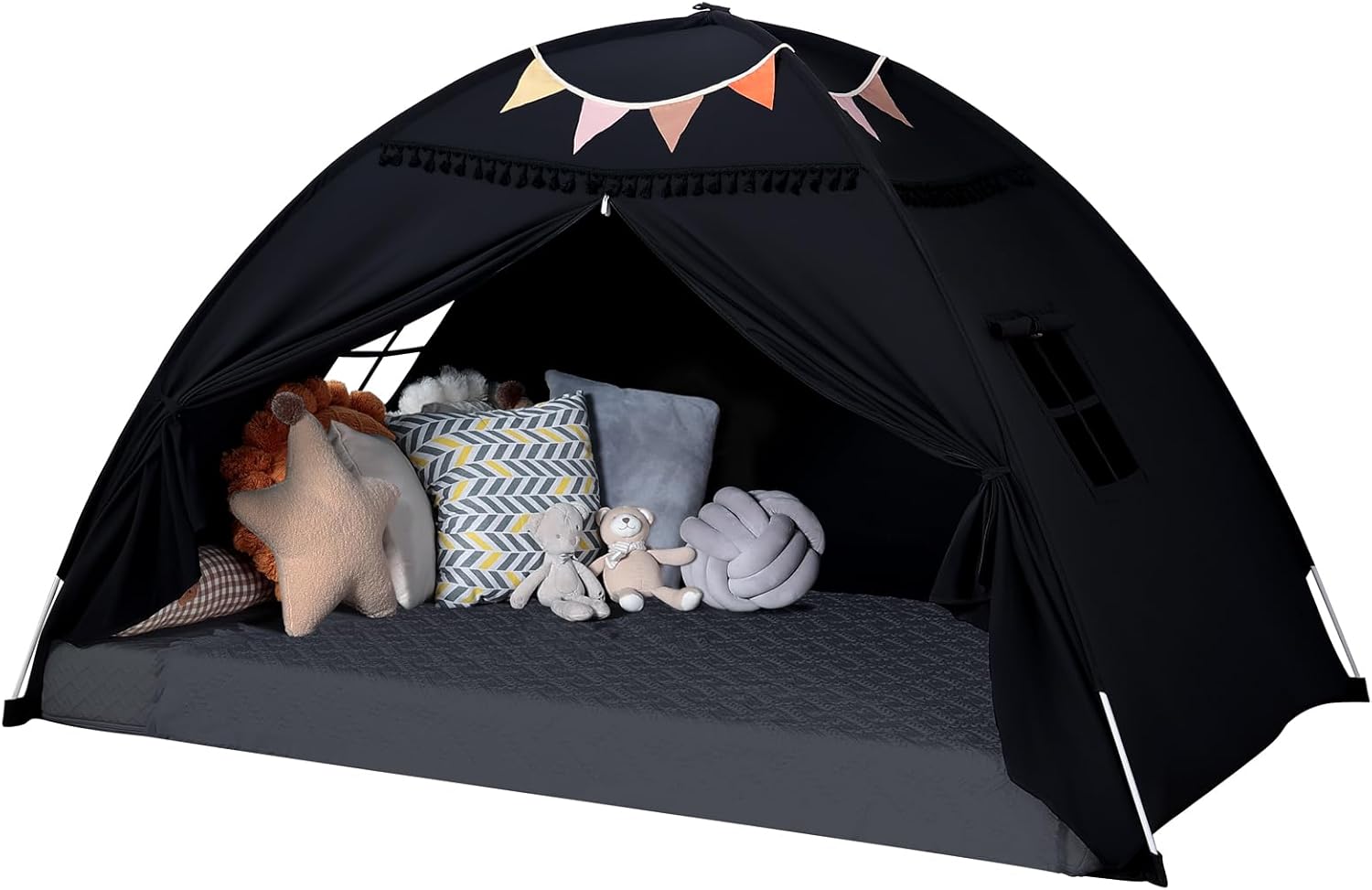 Twin Size Bed Canopy: Lights & Flags Indoor Floor Bed Kids Tent Playhouse - Portable & Foldable Twin Bunk Curtains - Girls & Boys Bedroom Privacy Space Blackout Tents Slumber Gifts (Black)