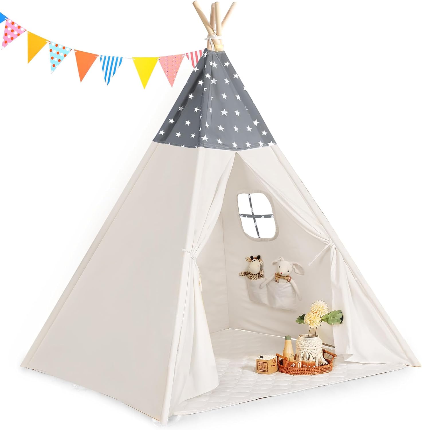 Teepee Tent for Kids Slumber Party - Cotton Canvas Foldable Kids Tent Indoor with Light & Flag Play House Outdoor - Toddler Playroom for Girls Gift Toys - Tee Pee Tents(Stars Design)