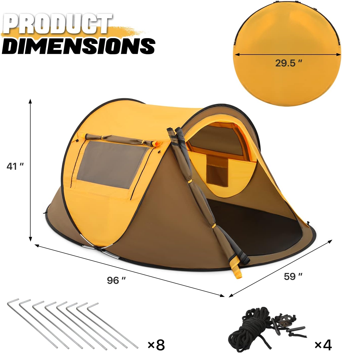 Pop Up Tent 2 Person for Camping Waterproof Outdoor Easy Set Up Automatic Family Travel Tent, 2 Doors and Side Windows Instant Easy Popup Beach Tent with Carry Bag, Yellow - Image 2