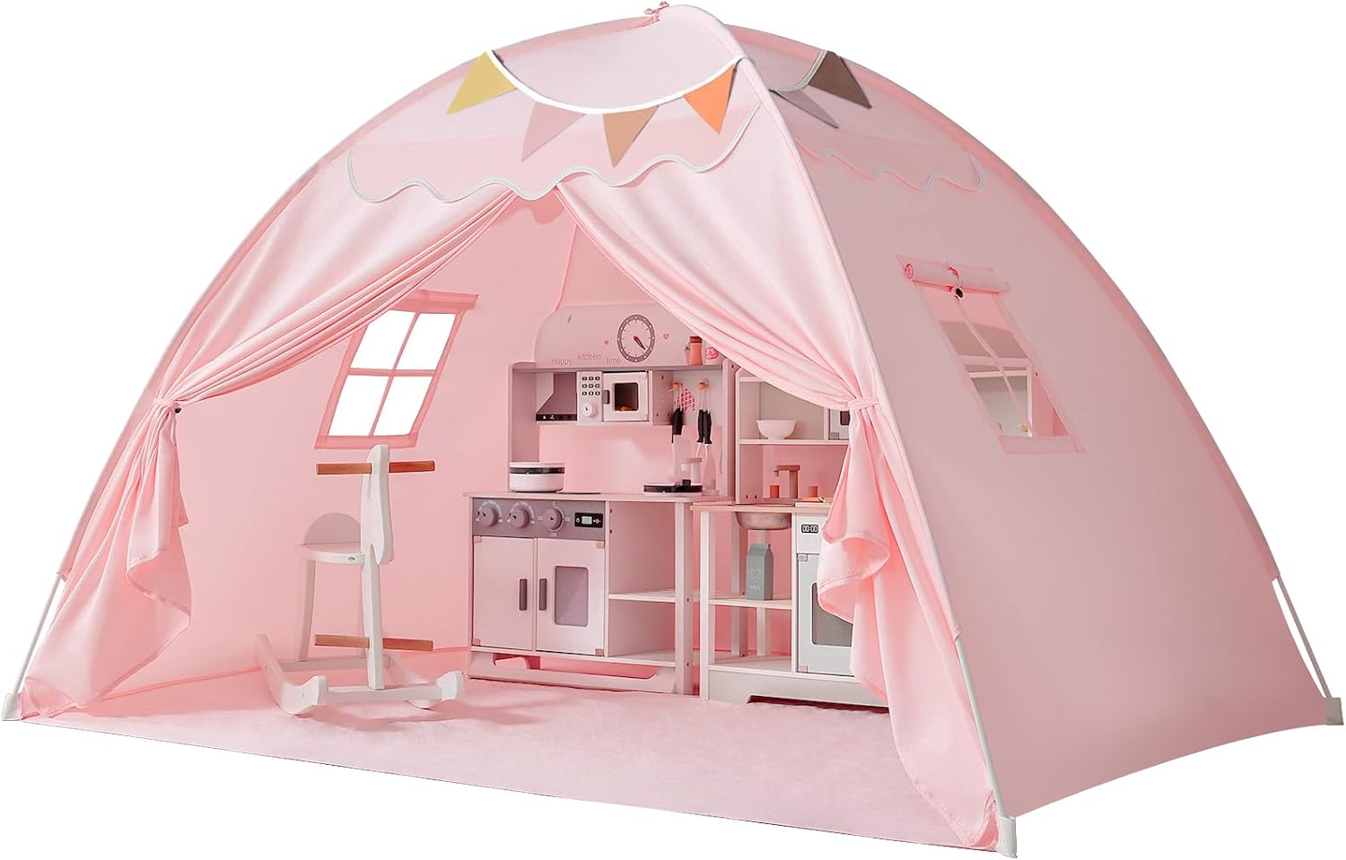 Toddler Bed Tent Canopy: Lights & Flags Indoor Floor Kids Play Tent Playhouse - Portable & Foldable Twin Bunk Bed Curtains - Twin Bed Tent for Girls Gifts (Pink)
