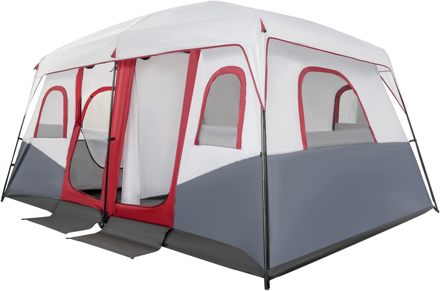 Instant Cabin Tents | 8-12 Person Camping Tents | 3 Room Family Tents | Pop Up Tents for Camping | 6 Large Mesh Windows | with Carry Bag | Red and Grey