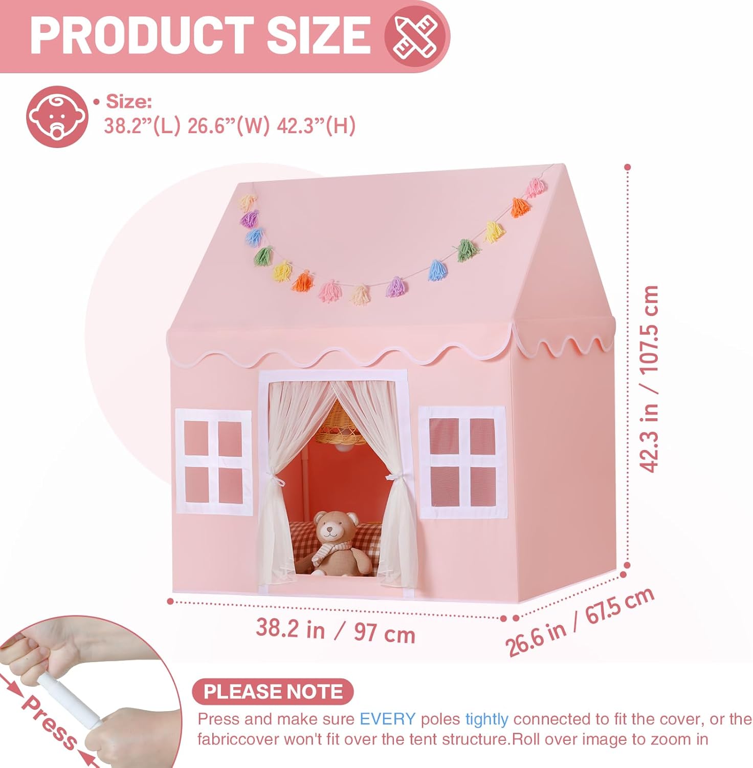 Kids Play Tent Indoor: with Mat, Tassel Garland, Star Lights - Pink Girl Tent Playhouse for Toddlers Kids Toys for Boy Girl Birthday Gift for Kids - Image 2