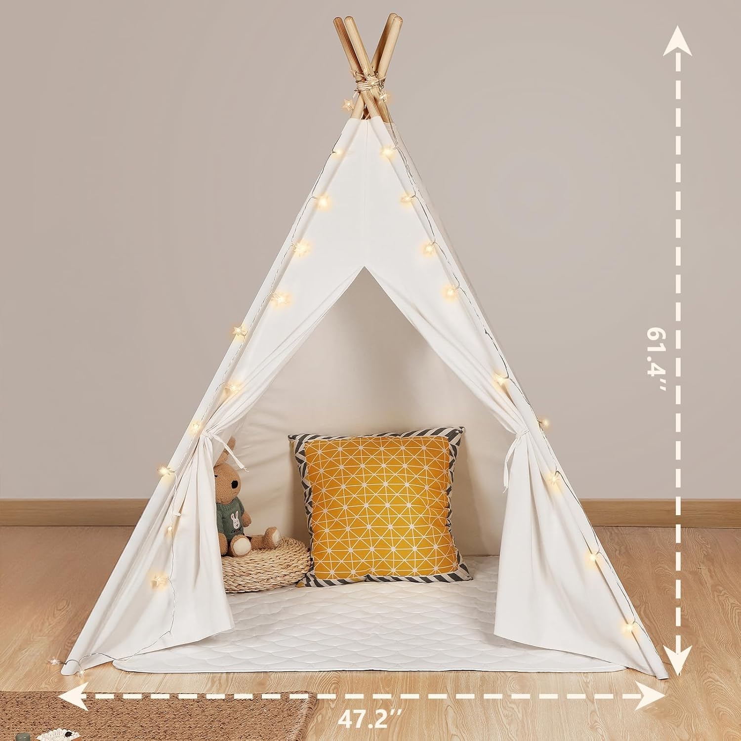 Teepee Tent for Kids Tent Indoor with Mat - Cotton Canvas White Toddler Tee Pee Tents Play House- Collapsible Tents for Slumber Party - Washable Boho Bedroom Gift Toys for Girls & Boys - Image 2