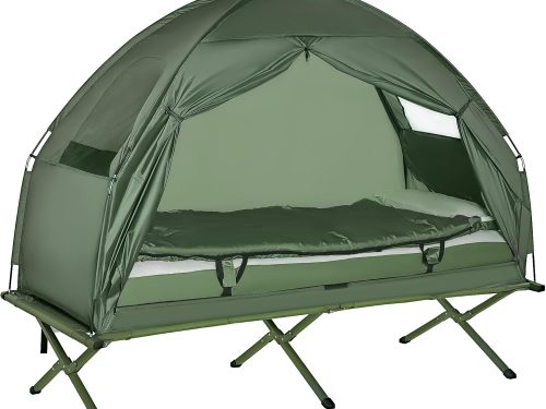 Camping Tent Cot, 4-in-1 Folding Tent Cot Combo with Mattress, Pillow, Sleeping Bag, Roller Carrying Bag, Off Ground Travel Camp Cot for Hiking, Backpacking, Picnic