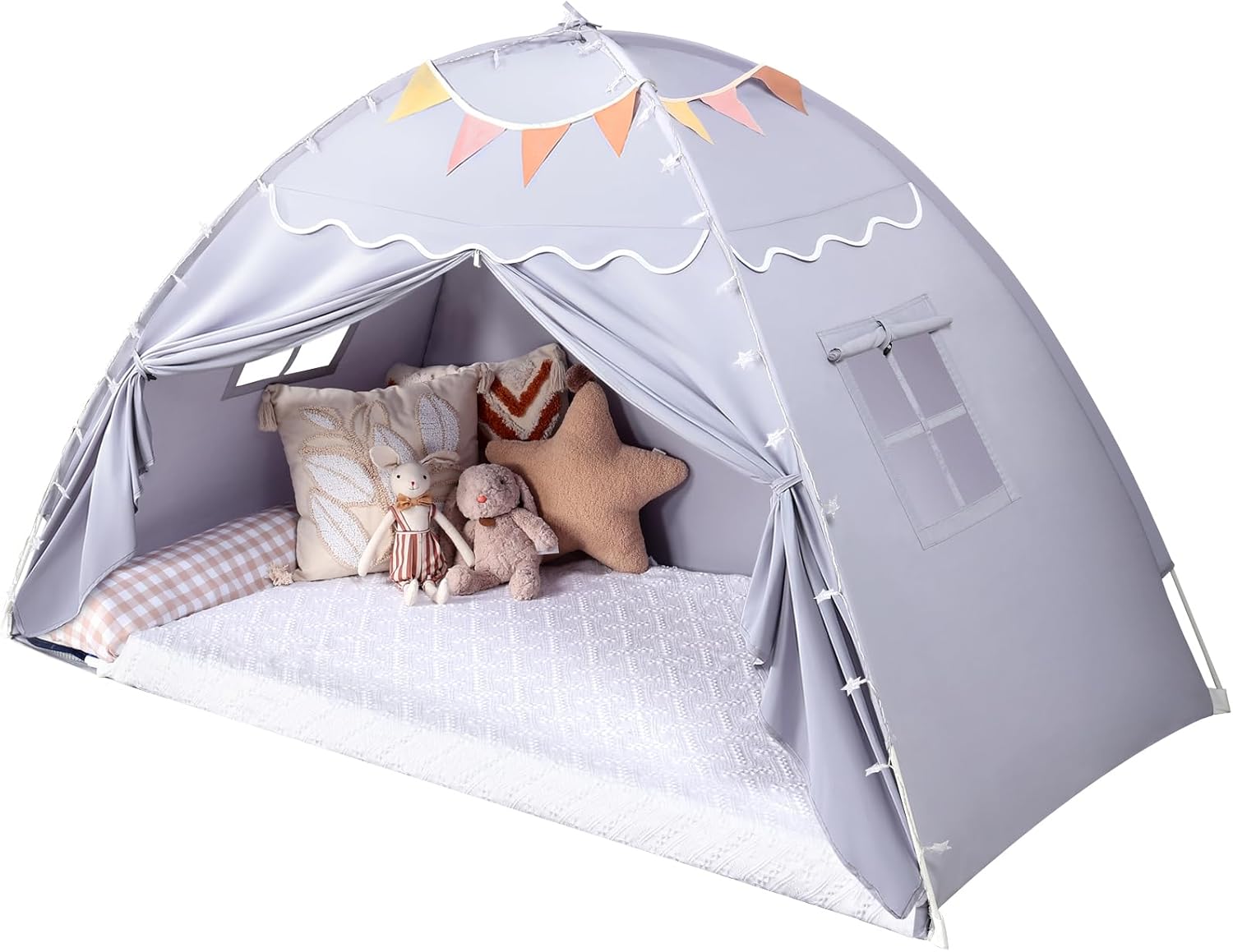 Toddler Bed Tent Canopy: Lights & Flags Indoor Floor Bed Kids Tent Playhouse - Portable & Foldable Twin Bunk Bed Curtains - Girls & Boys Bedroom Privacy Space Sleeping Tents Gifts (Gray)