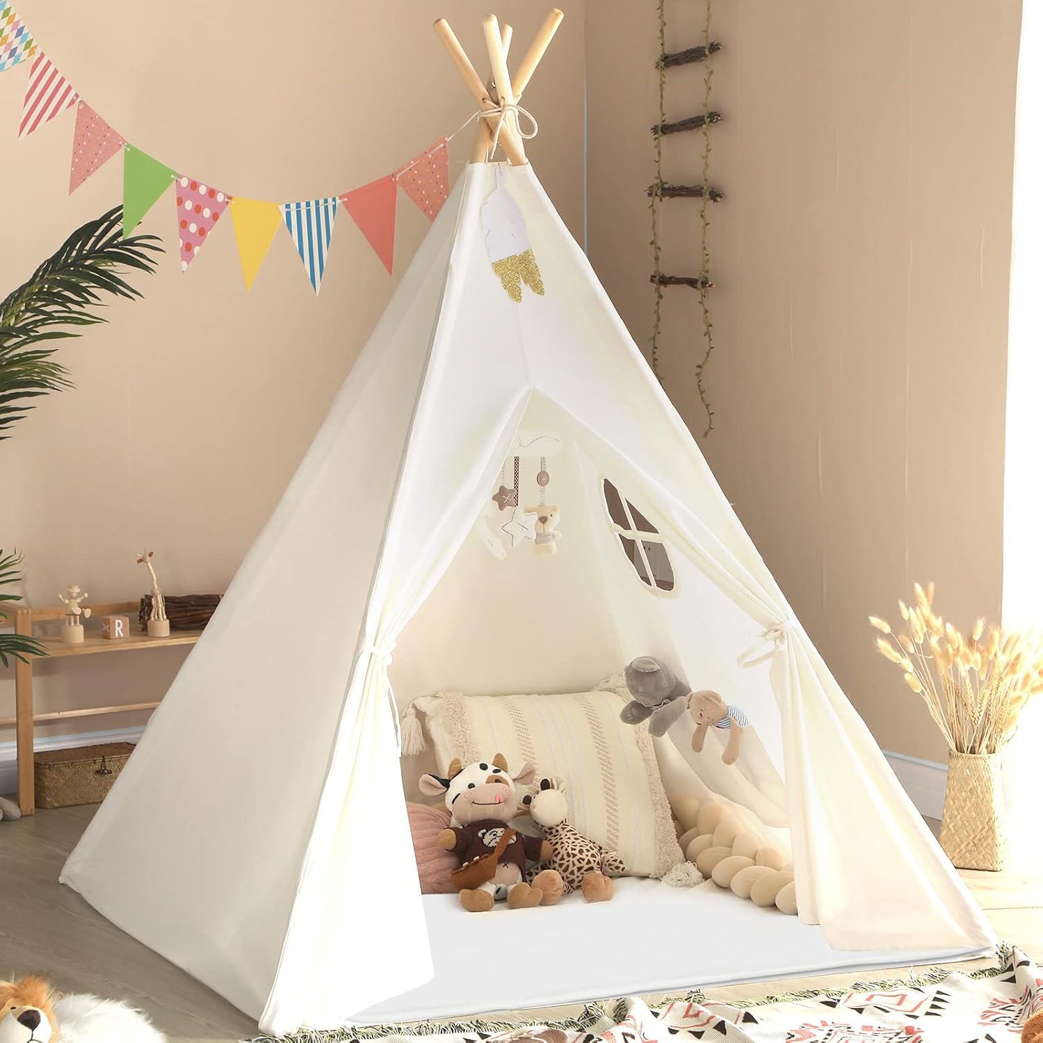 Teepee Tent for Kids Tent Indoor with Mat - Cotton Canvas White Toddler Tee Pee Tents Play House- Collapsible Tents for Slumber Party - Washable Boho Bedroom Gift Toys for Girls & Boys