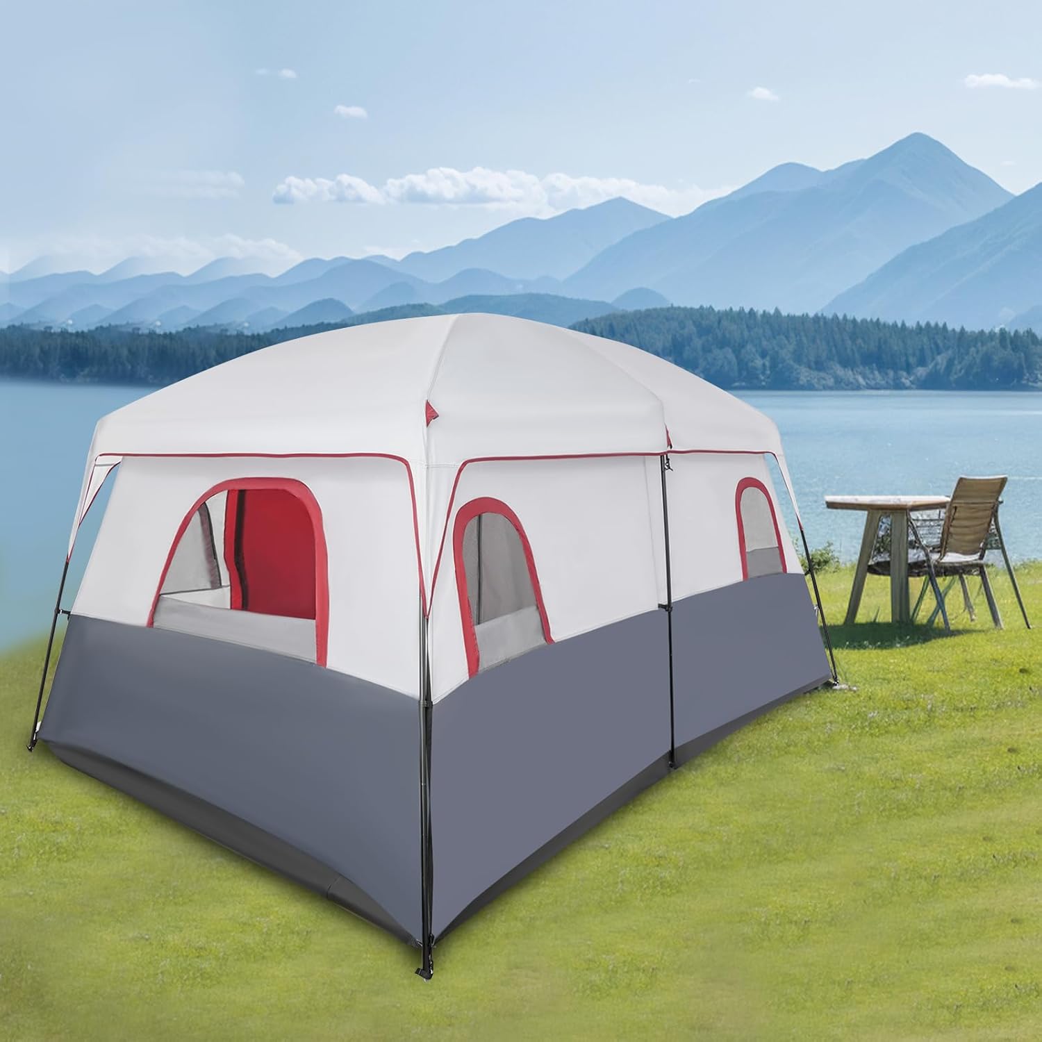Instant Cabin Tents | 8-12 Person Camping Tents | 3 Room Family Tents | Pop Up Tents for Camping | 6 Large Mesh Windows | with Carry Bag | Red and Grey - Image 2