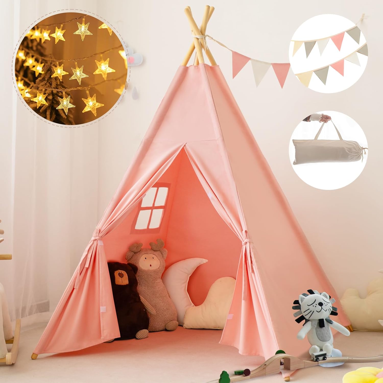 Teepee Tent for Kids-Portable Children Play Tent Indoor Outdoor (Pink) - Image 2