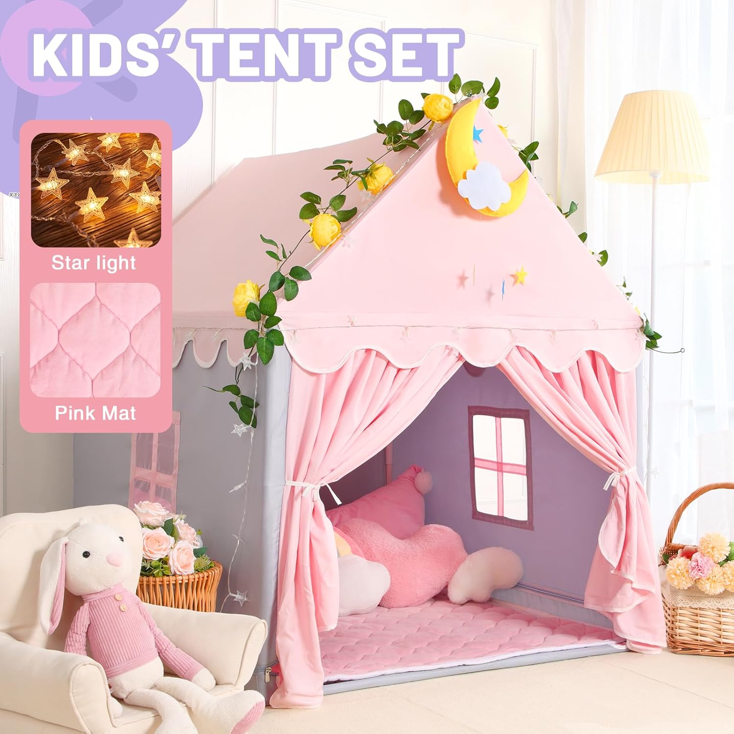Kid Tent with Mat, Star Lights - Kids Play Tents for Toddlers Kids Tents Indoor Playhouse - Princess Tent for Girls Toy House Gift (Gray with Cloth) - Image 2