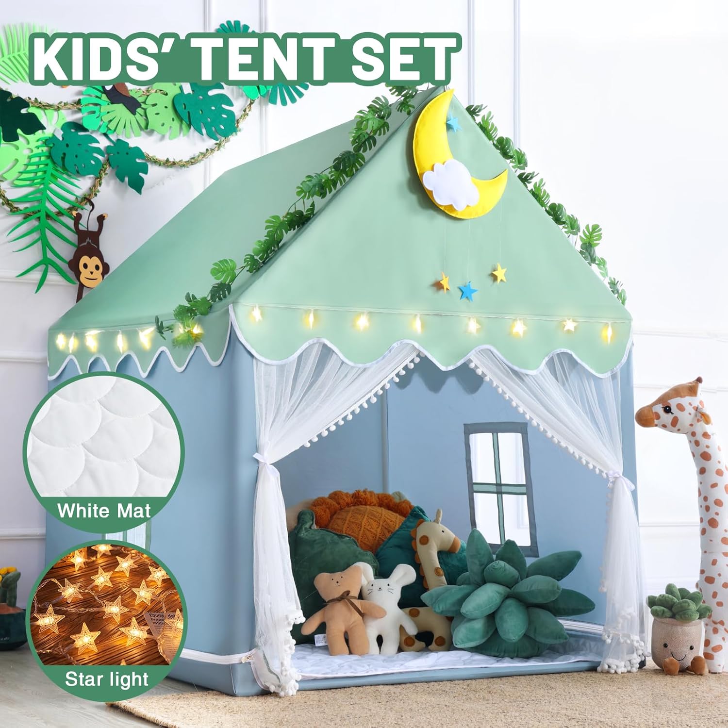 Kid Tent with Mat, Star Lights - Kids Play Tents for Toddlers Kids Tents Indoor Playhouse - Princess Tent for Girls Toy House Gift (Green with Mesh) - Image 2