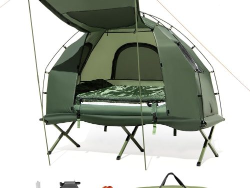5-in-1 Tent Cot with Air Mattress, Sleeping Bag, Pillow, Canopy, Zippered Mesh Windows & Carry Bag, Elevated Tent for Camping, Hiking, Traveling, Picnic