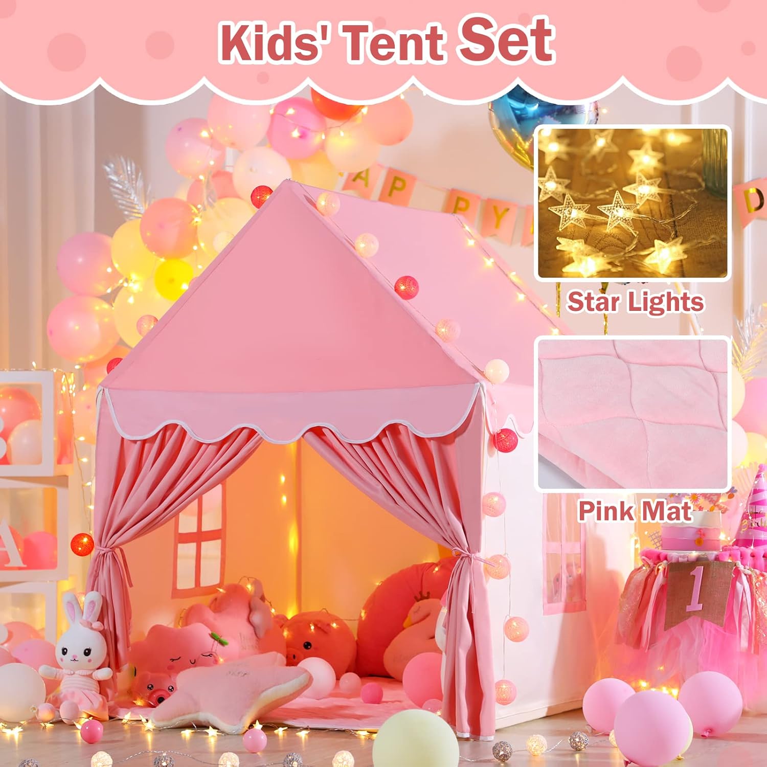 Kid Tent with Mat, Star Lights - Kids Play Tents for Toddlers Kids Tents Indoor Playhouse - Princess Tent for Girls Toy House Gift (Pink with Cloth) - Image 2