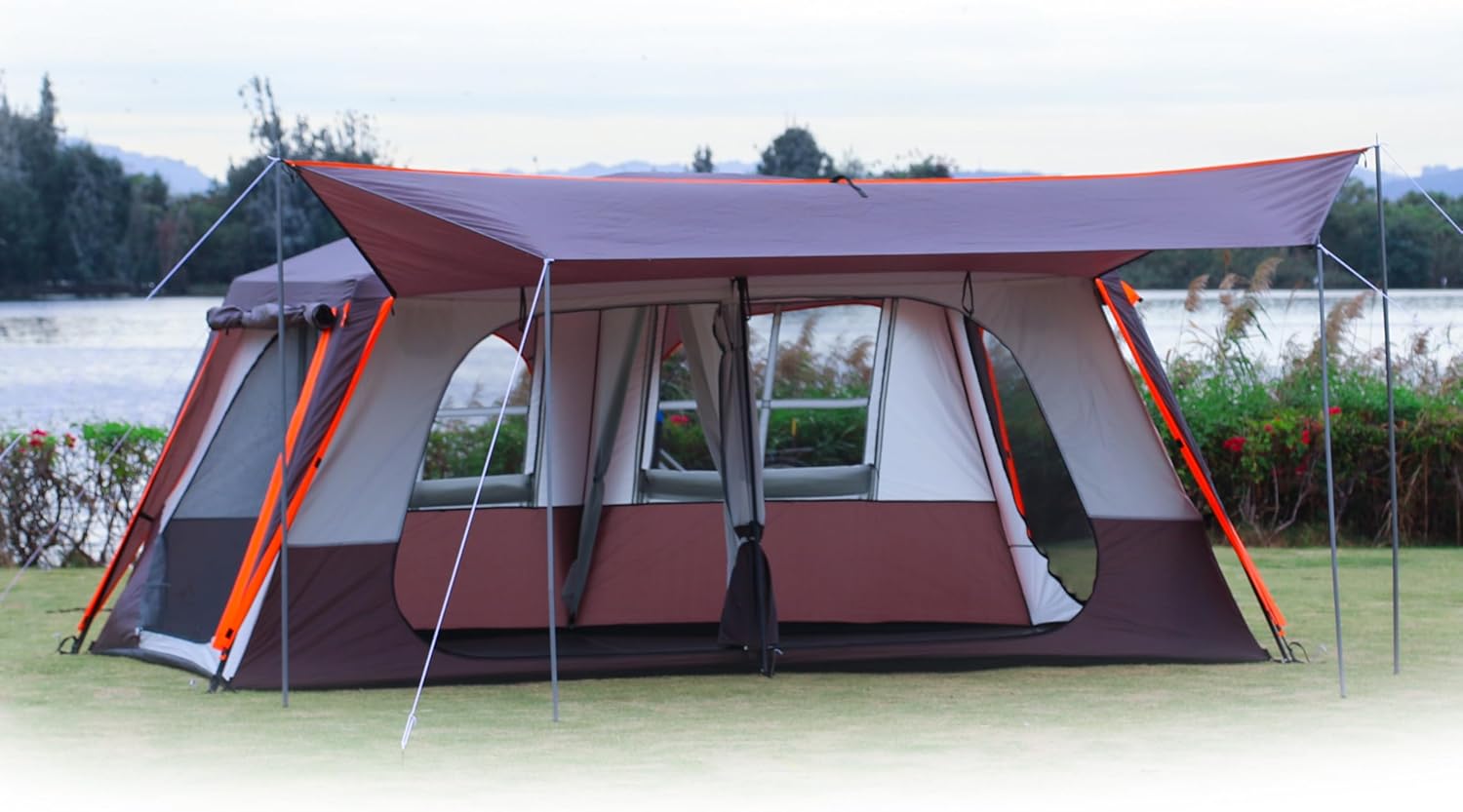 Extra Large Tent 12 Person,Awning Family Cabin Tents,2 Rooms,3 Doors and 3 Windows with Mesh,Straight Wall,Waterproof,Double Layer,Big Tent for Outdoor,Picnic,Camping,Family Gathering