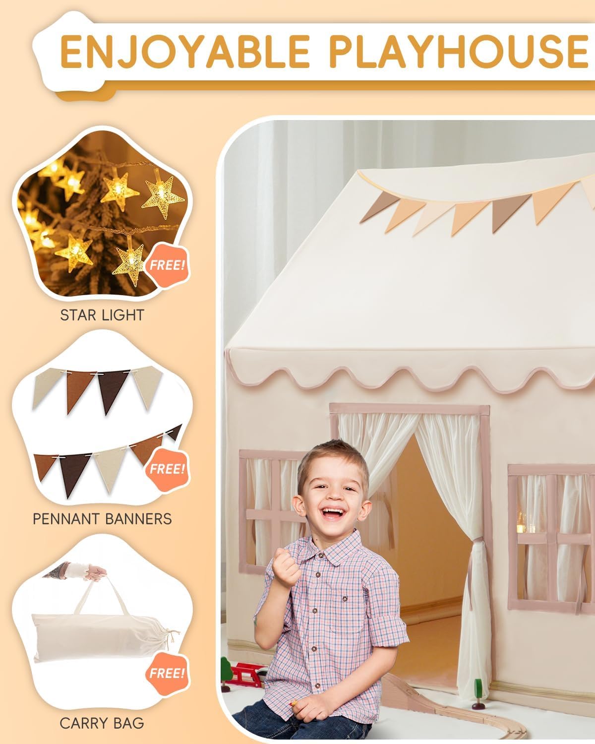 Large Kids Tent Playhouse Base Fabric with Star Lights, Flags and Tote Bags, Kids Play Tent Indoor & Outdoor, Washable Teepee Tent for Boys & Girls, Play House for Toddler, Neutral Color - Image 2