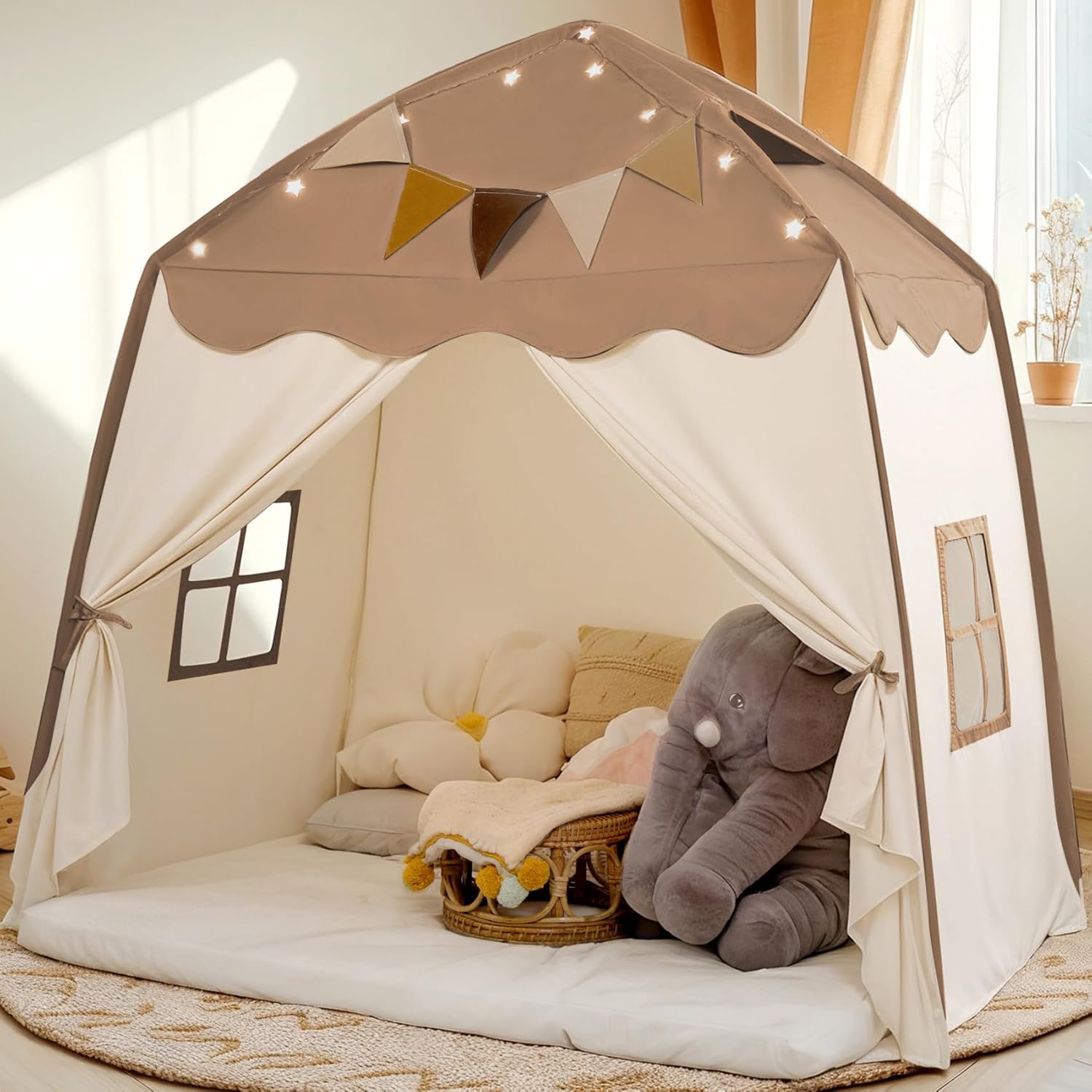 Extra Large Kids Play Tent with Flags & Star Lights, Portable & Foldable Teepee, Bed Tents Bed Canopy for Boys & Girls, Indoor Outdoor Dome Tent Playhouse,Kids Birthday Gift, 59x39x59in, Brown