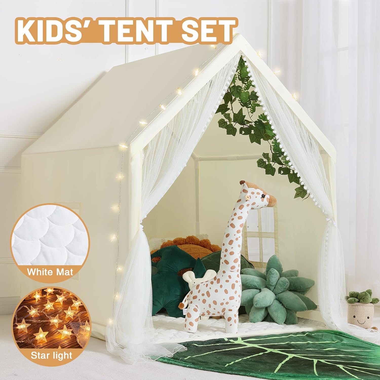 Kid Tent with Mat, Star Lights - Kids Play Tents for Toddlers Kids Tents Indoor Playhouse - Princess Tent for Girls Toy House Gift (Beige with Mesh) - Image 2