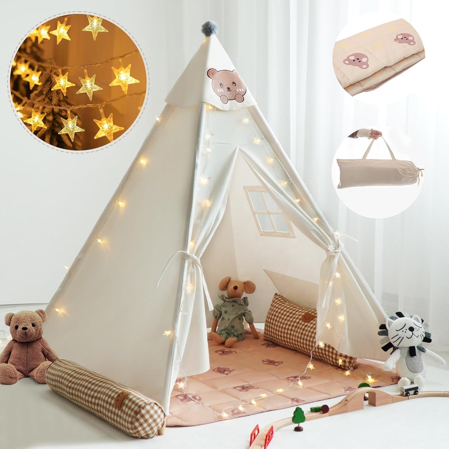 Teepee Tent for Kids-Portable Children Play Tent Indoor Outdoor (White with Mat) - Image 2
