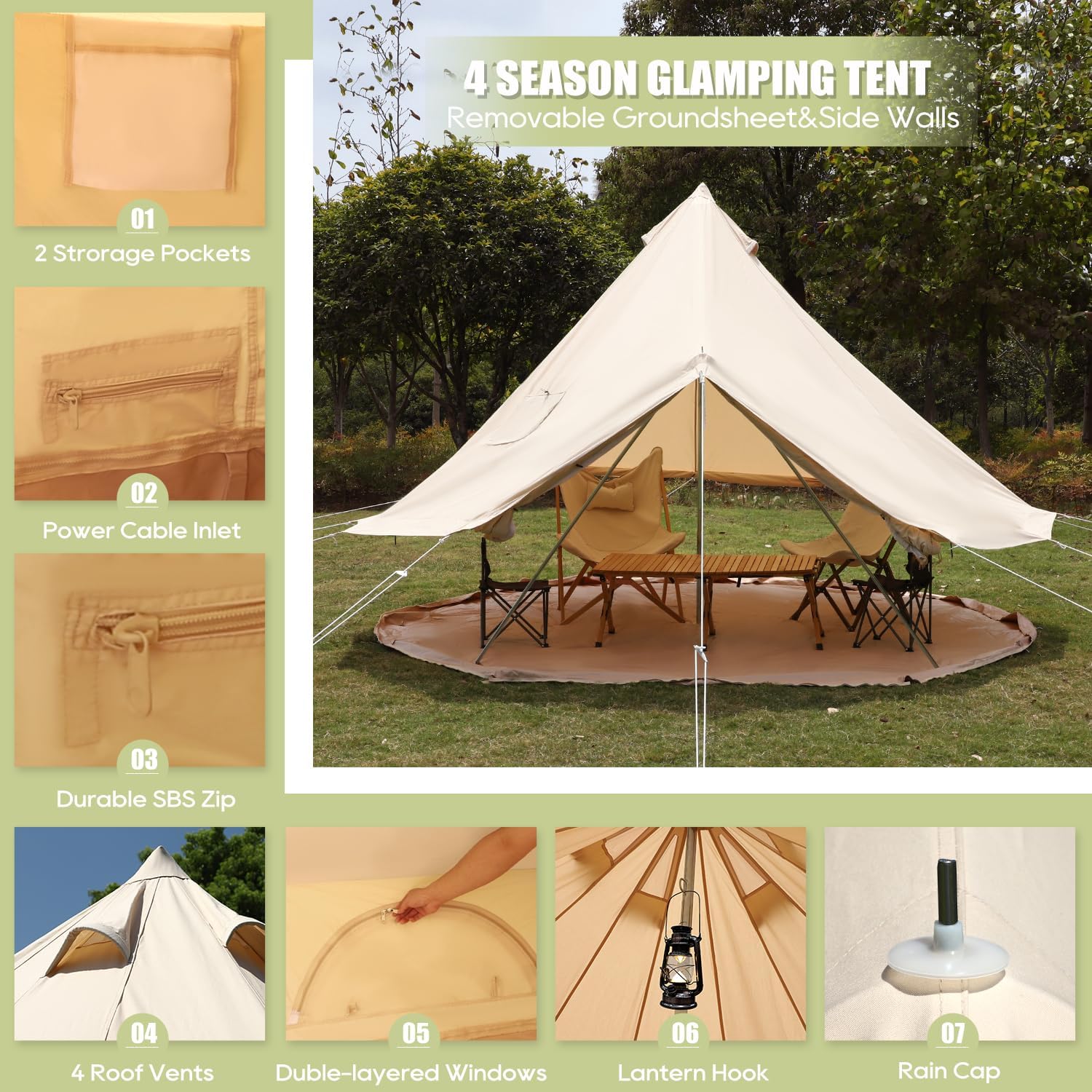 Luxury Cotton Bell Tent, Yurt Canvas Tent with Stove Jack, 4/6/8 Person Family 4 Season Camping - Image 2