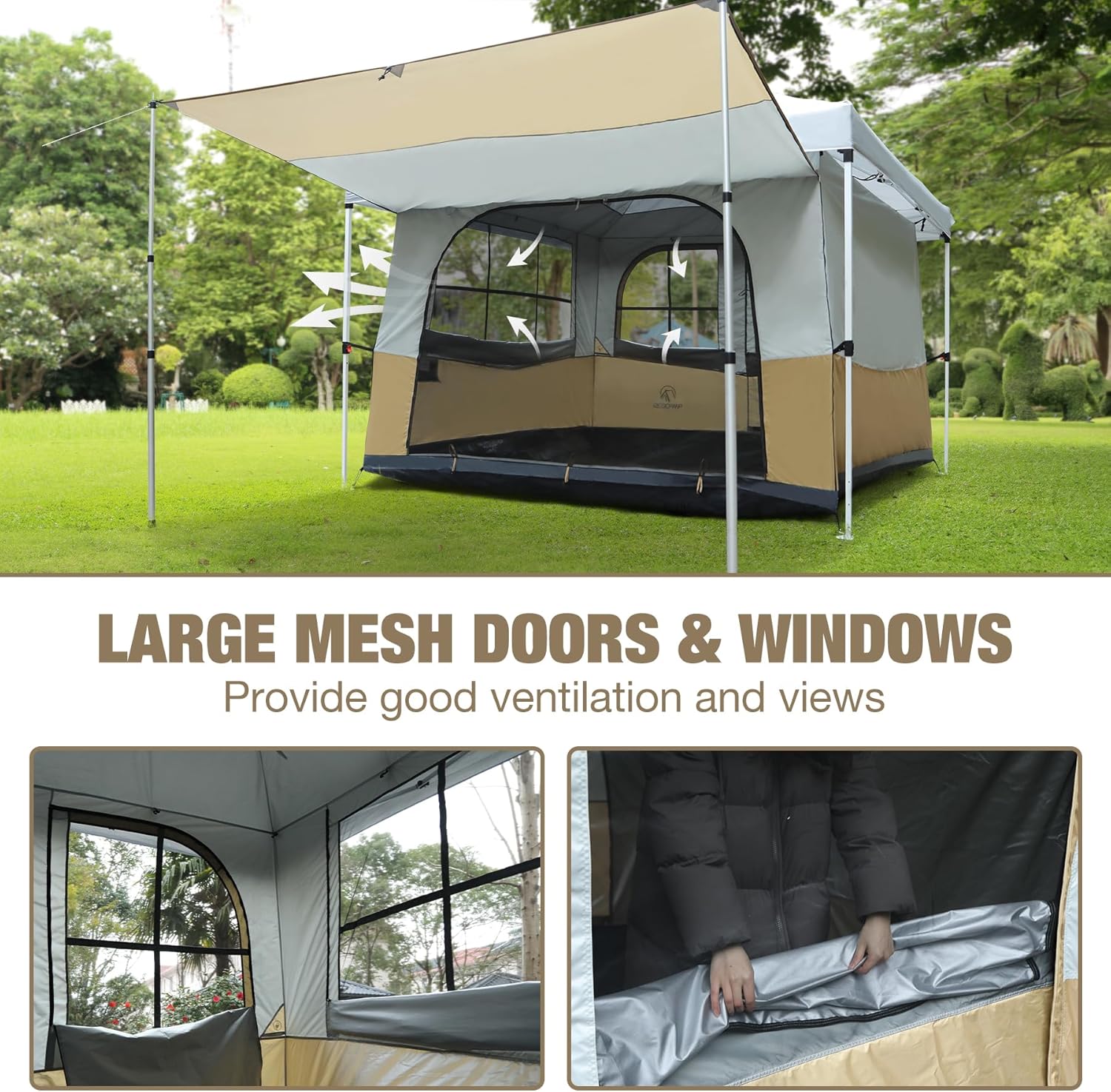 Camping Inner Tent for Pop Up Canopy, Cube Tent Converts 10"x10" Straight Leg Canopy into Camping Tents, Fully Vented Roof, Fit 4-6 Person Khaki (Frame/Shelter NOT Included) - Image 2