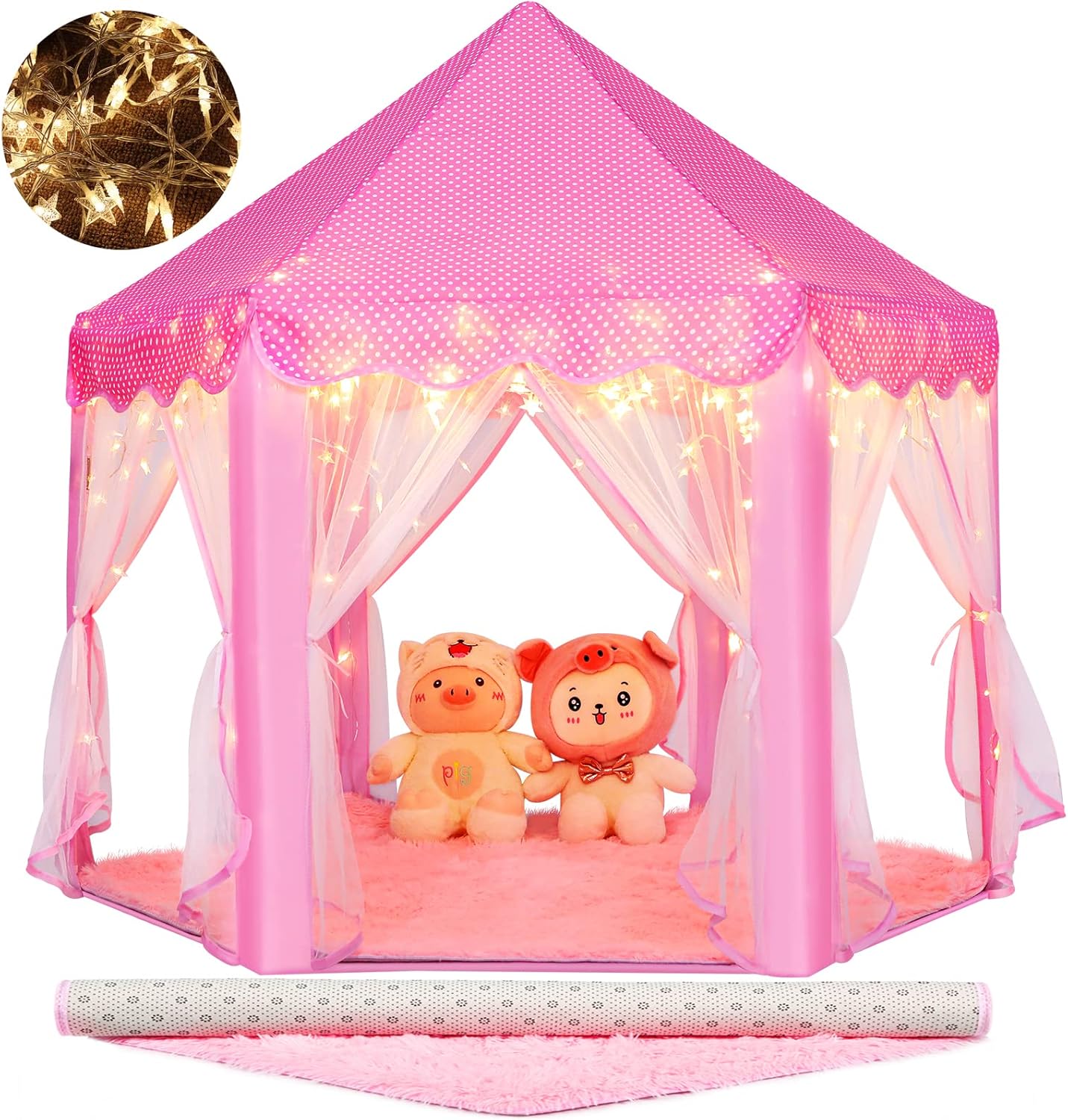Princess Tent Girls Large Playhouse Kids Castle Play Tent with Star Lights Toy for Children Indoor and Outdoor Games, 55'' x 53'' (DxH) (Pink Princess Tent with Play Mat)